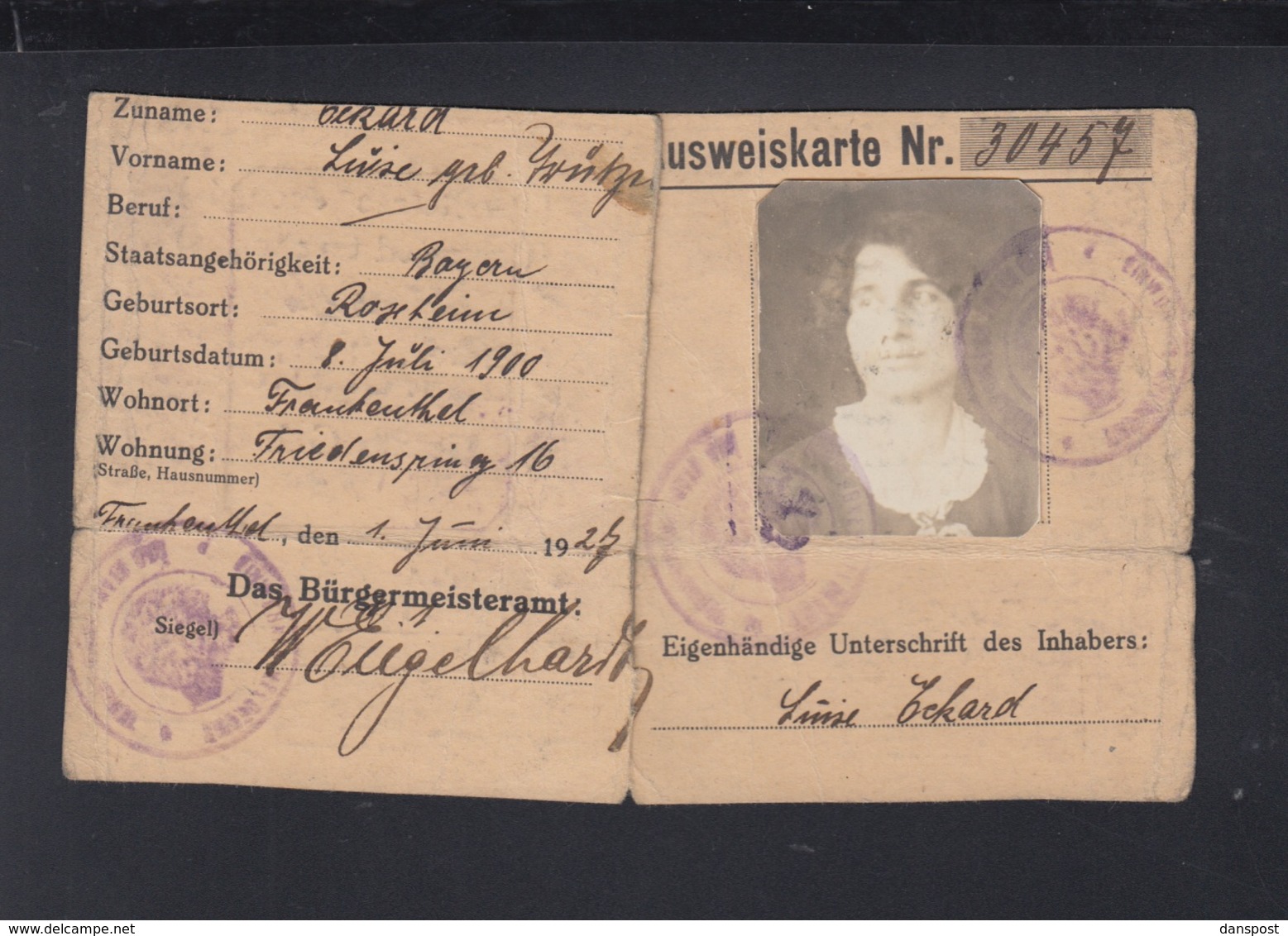 Rheinlandbesetzung Ausweis Frankenthal 1927 - Historical Documents