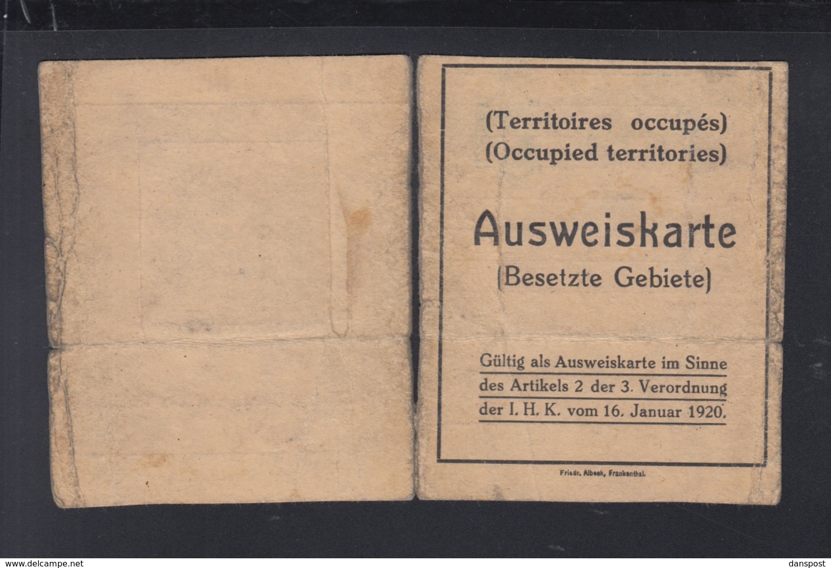 Rheinlandbesetzung Ausweis Frankenthal 1927 - Historical Documents