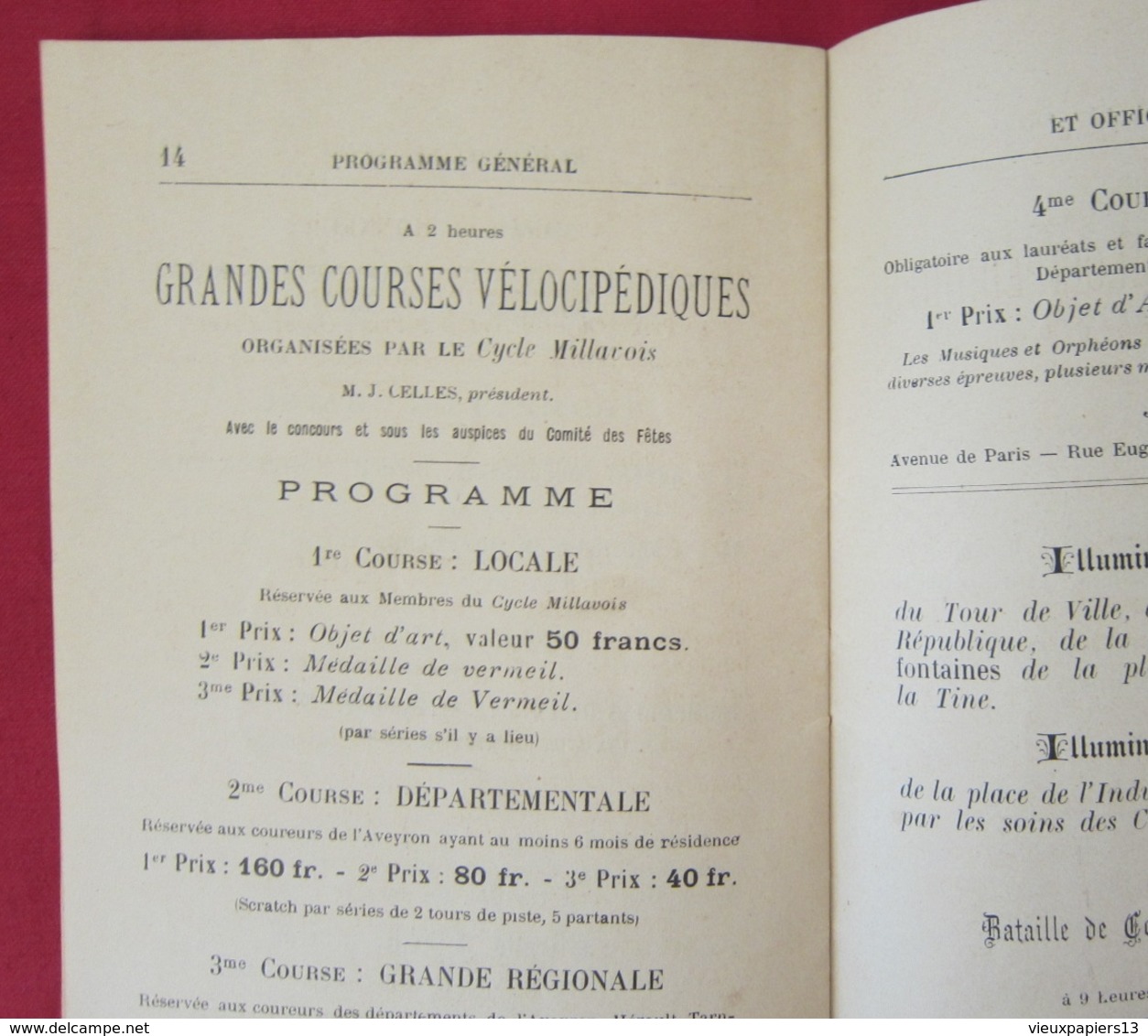 Rare Programme de 1897 Ville de MILLAU (Aveyron) Fêtes des 23, 24 & 25 oct. 1897 - TBE - vélocipèdes montgolfière &c