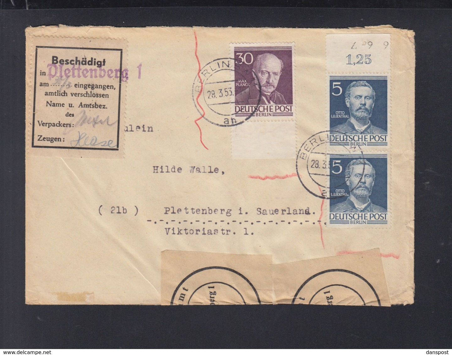 Berlin Brief 1953 Nach Plettenberg Beschädigt Eingegangen - Briefe U. Dokumente