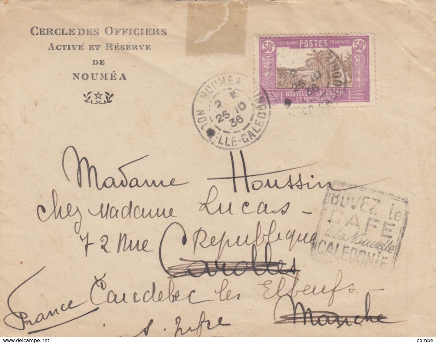 LETTRE. COVER. NOUVELLE CALEDONIE. 1936. N° 150 SEUL. CERCLE DES OFFICIERS ACTIVE ET RESERVE DE NOUMEA POUR LA FRANCE - Lettres & Documents