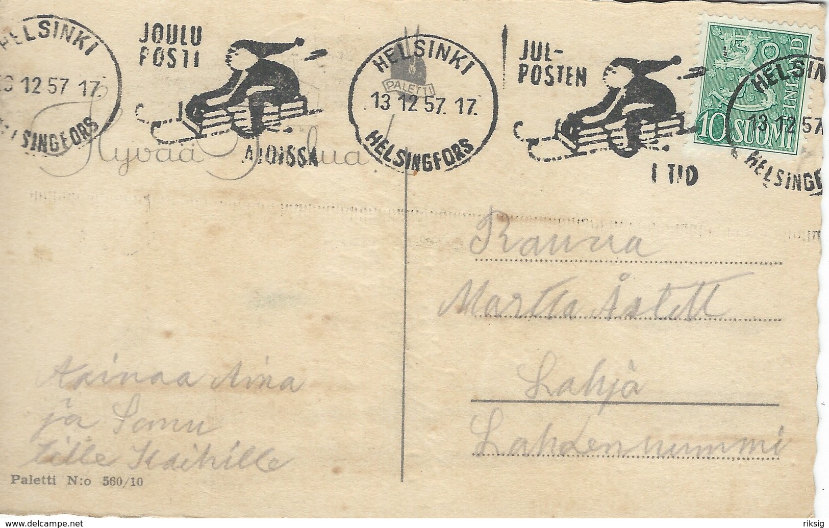 Finland - Christmas Card & Christmas Postmark. 1957.  S-4431 - Finland