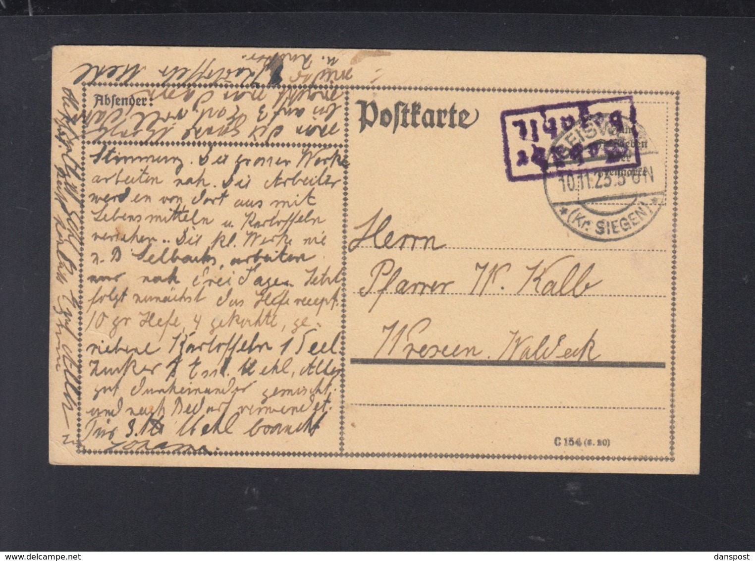 Dt. Reich PK Gebühr Bezahlt Geisweis Siegen 1923 - Briefe U. Dokumente