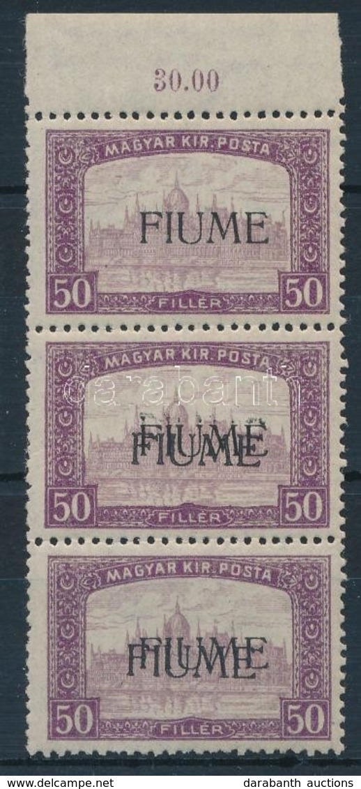 ** Fiume 1918 Parlament 50f M.II. ívszéli Hármascsík, Két érték Kettős Felülnyomással, Mindegyik Bodor Vizsgálójellel, R - Other & Unclassified