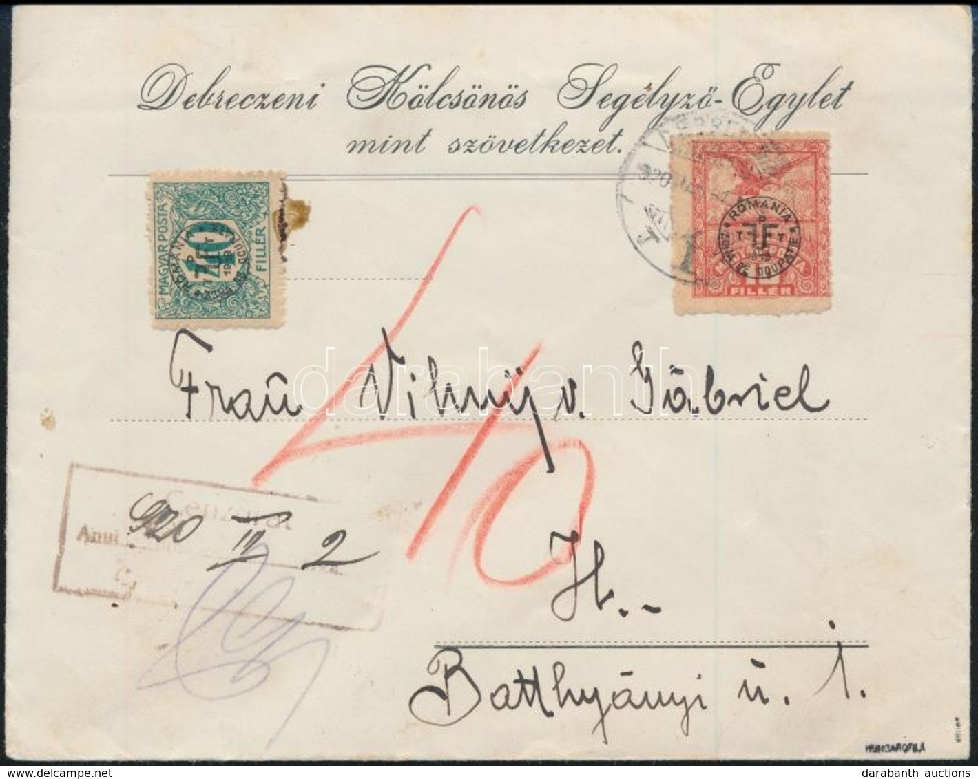 1920 Levél Debrecen 10f Bélyeggel és 40f Portóval, Cenzúrázva, Bodor Vizsgálójellel - Otros & Sin Clasificación