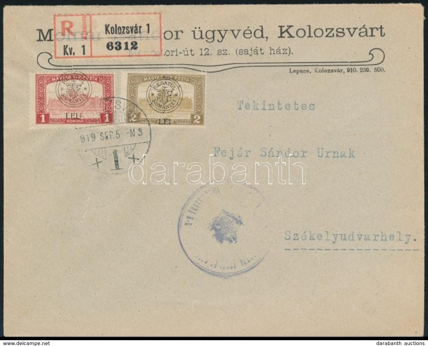 Kolozsvár 1919 Parlament 1 Lei +2 Lei Ajánlott Távolsági Levélen Cenzúra Bélyegzéssel 'KOLOZSVÁR' - 'SZÉKELYUDVARHELY' R - Otros & Sin Clasificación