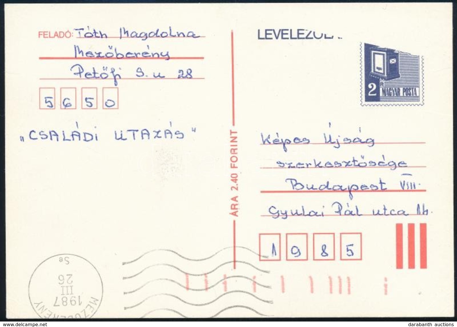 1987 Forgalmi Díjjegyes Levelezőlap ívbehajlás Miatti Képhiány / PS-card, A Part Of Design Missing Due To Paper Fold - Autres & Non Classés