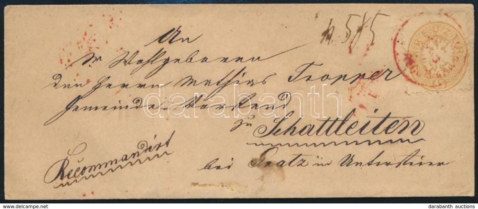 ~1865 15kr + A Hátoldalon 2 X 5kr (az Egyik Bontásnál Eltépve) Ajánlott Levélen Piros ,,PEST RECOMMANDIRT'  - ,,GRATZ' - Otros & Sin Clasificación