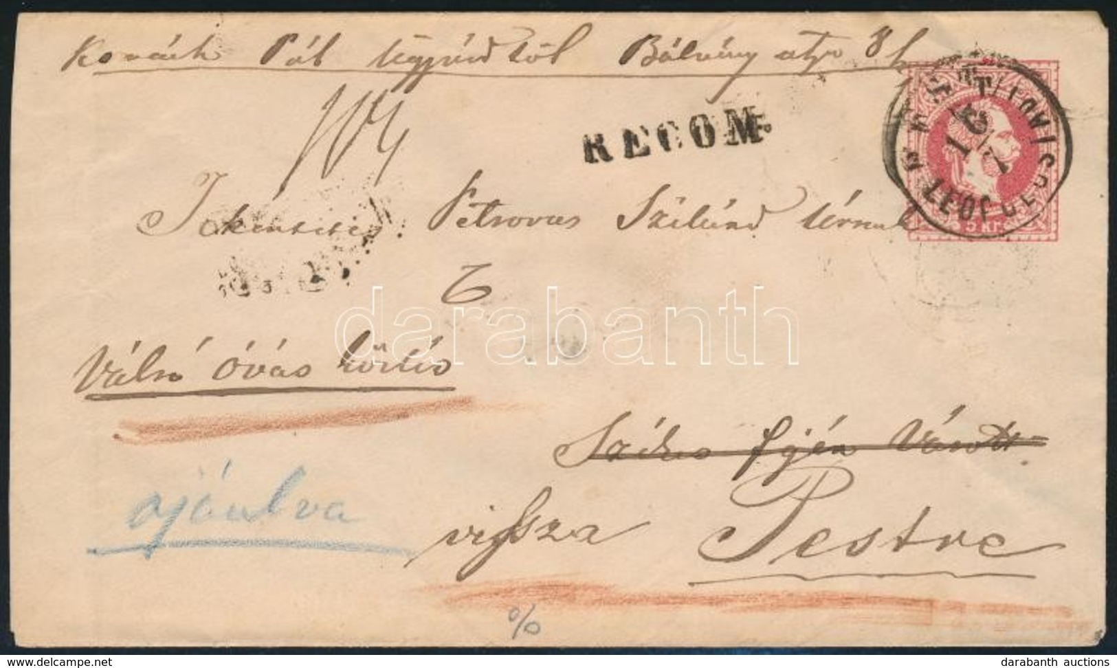 ~1870 5kr Díjjegyes Boríték 2 X 5kr Díjkiegészítéssel Ajánlott Levélként ,,PEST LEOPOLDSTADT' - ,,ALBA' Melyet Hátoldali - Otros & Sin Clasificación