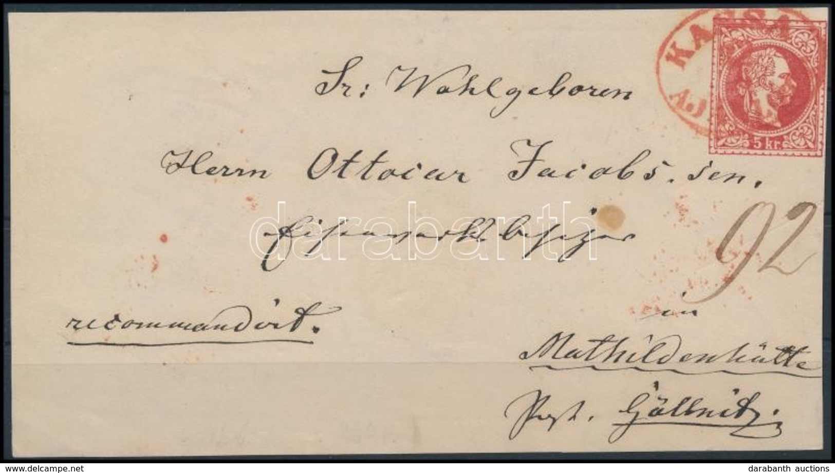 ~1867 5kr Díjjegyes Levél Előlap Piros 'KASSA AJÁNLOTT' Bélyegzéssel (Gudlin 500 P) - Otros & Sin Clasificación