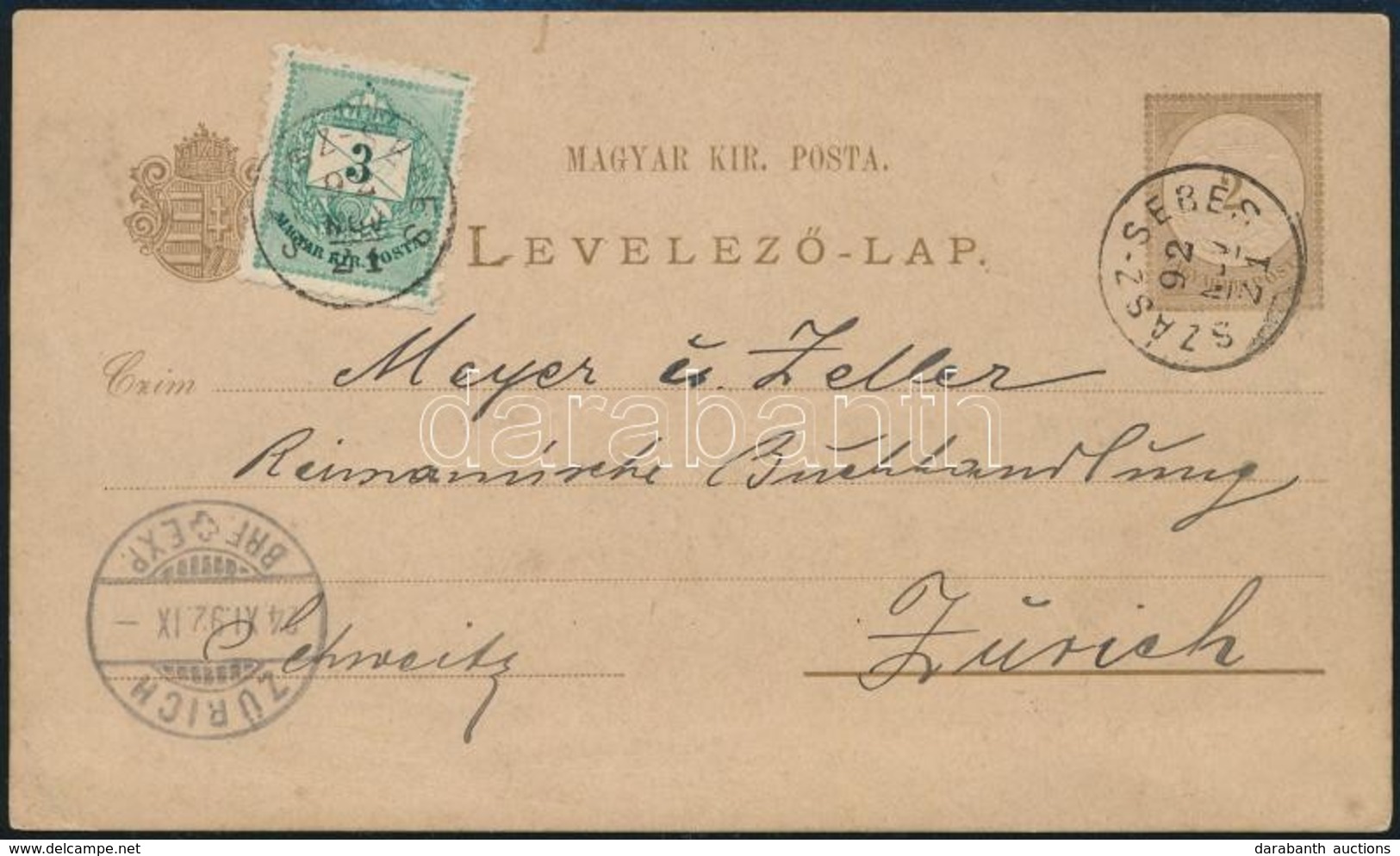 1892 Festékfoltos Színesszámú 3kr Bélyeggel Kiegészített Díjjegyes Levelezőlap ,,SZÁSZ-SEBES' - Zürich - Autres & Non Classés