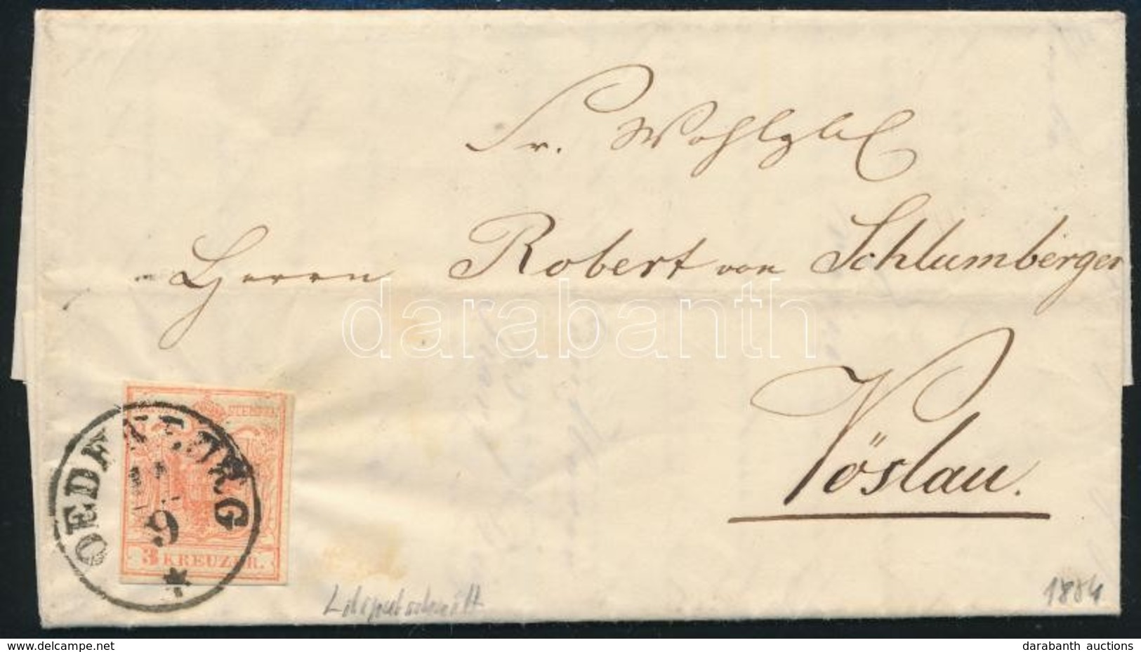 1854 3kr MP Lilliputi Vágás Levélen ,,OEDENBURG' - Vöslau - Otros & Sin Clasificación