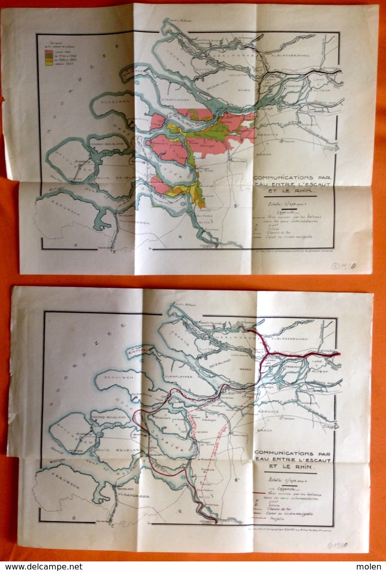 2 KAARTEN SCHEEPVAART TUSSEN SCHELDE EN RIJN VAN VOOR 1600 TOT 1930 Ca©1930 Boot ZEELAND ROTTERDAM ANTWERPEN R425 - Cartes Topographiques