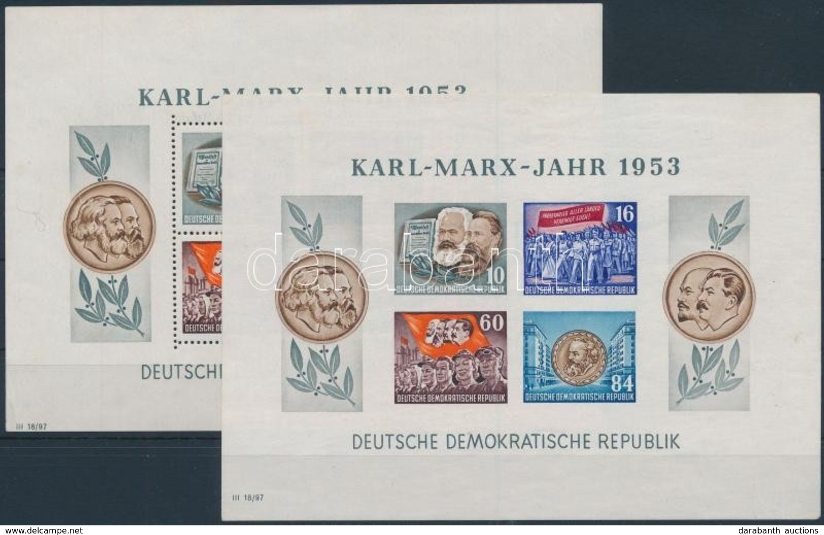 * NDK 1953 Marx Blokkok (2 Fogazott és 2 Vágott, Betapadás Nyomok) / Marx Blocks (2 Perforated + 2 Imperforates, Gum Dis - Autres & Non Classés