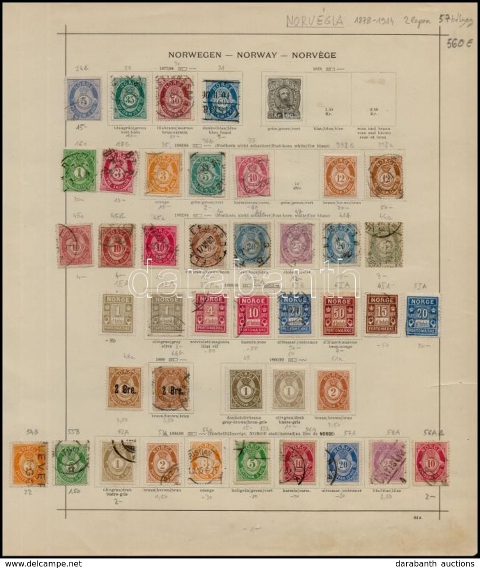 * O Norvégia Gyűjtemény 1868-1914, 57 Különféle Bélyeg 2 Albumlapon / Norway Collection, 57 Different Stamps (Mi EUR 560 - Otros & Sin Clasificación