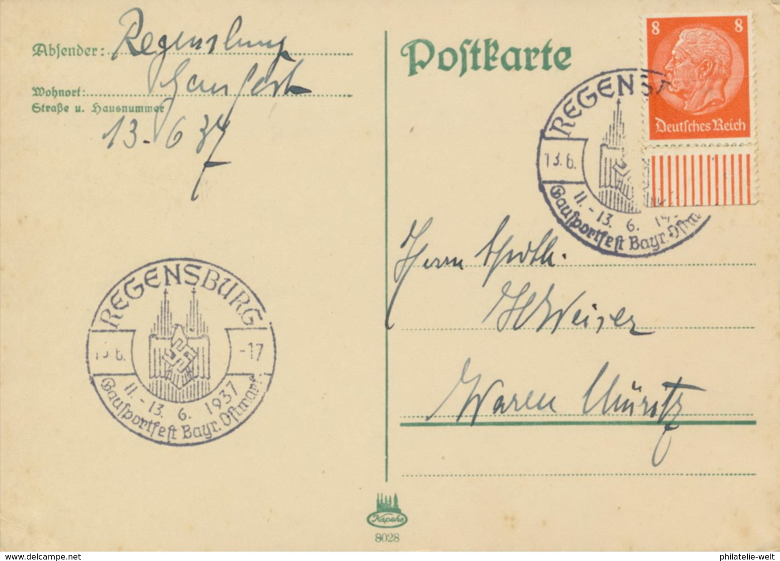 Deutsches Reich 517 Auf Karte Sonderstempel Regensburg Gausportfest 1937 - Covers & Documents