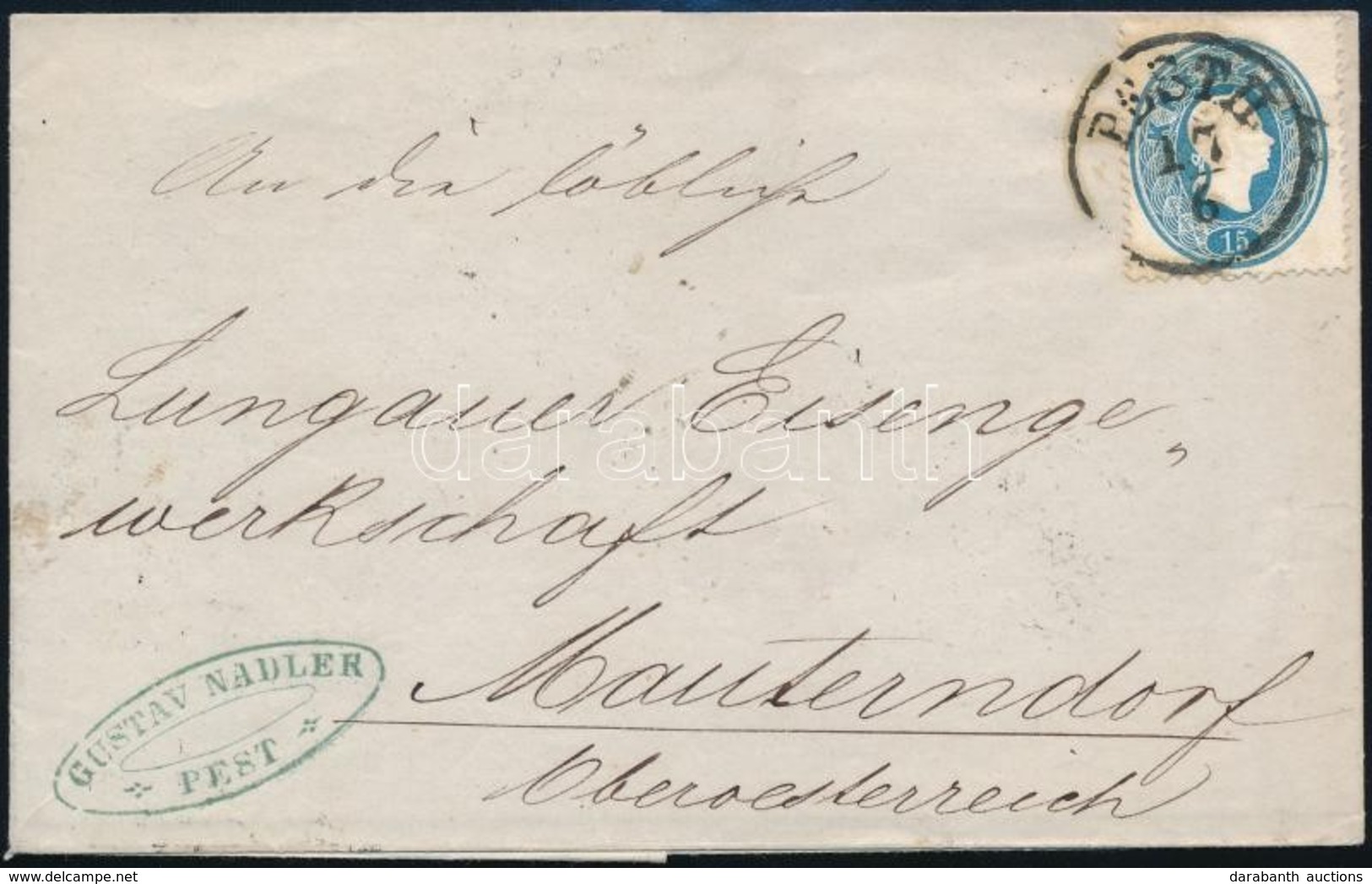 1861 15kr Levélen / On Cover 'PESTH' - 'BAHNHOF STOCKERAU' - Mouterndorf - Andere & Zonder Classificatie