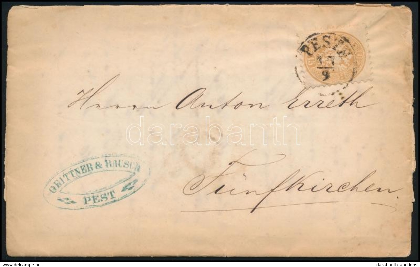 1865 15kr Levélen 'PESTH' - Fünfkirchen - Autres & Non Classés