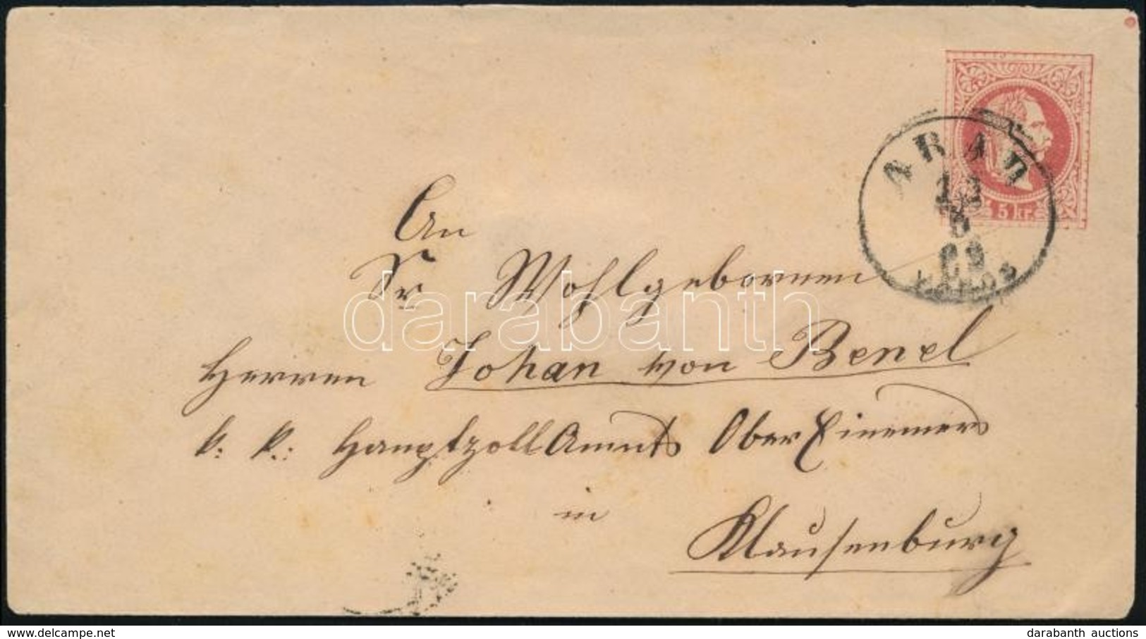 1869 5kr Díjjegyes Boríték 'ARAD VÁROS' - Other & Unclassified