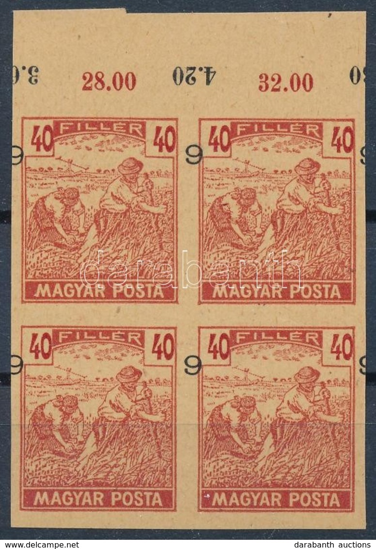 (*) 1919 Magyar Posta Arató 40f Vágott ívszéli Négyestömb Próbanyomat, Eltolódott értékszámmal, Vastagabb, Vízjel és Eny - Otros & Sin Clasificación