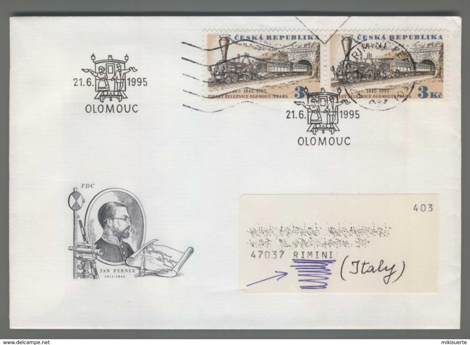 C4180 Ceska Republika FDC 1995 TRAIN 150 LET ZELEZNICE OLOMOUC PRAHA 3 KC VG Treno - FDC