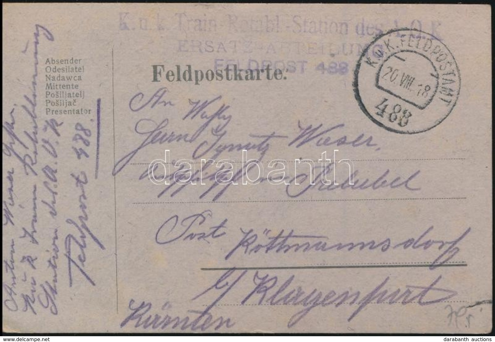 1918 Tábori Posta Levelezőlap / Field Postcard 'K.u.k. Train-Retabl.-Station Des A.O.K. ERSATZ-ABTEILUNG' + 'FP 488' - Otros & Sin Clasificación