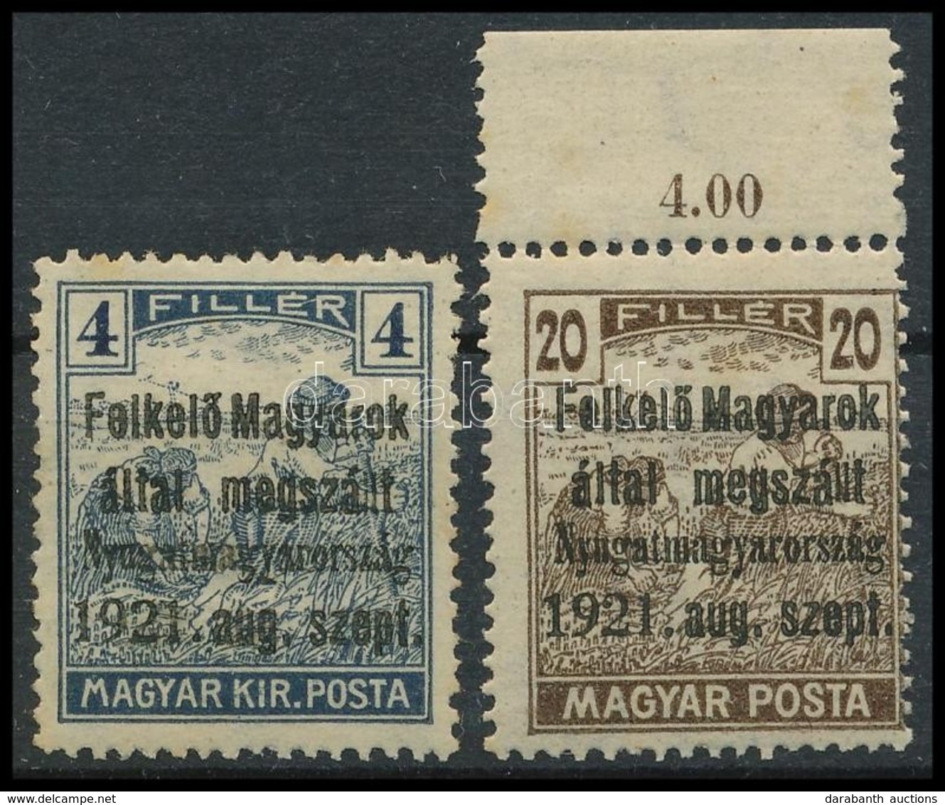 ** Lajtabánság I. 1921 Kiadásra Nem Került Arató 4f, Magyar Posta 20f, Bodor Vizsgálójellel - Otros & Sin Clasificación