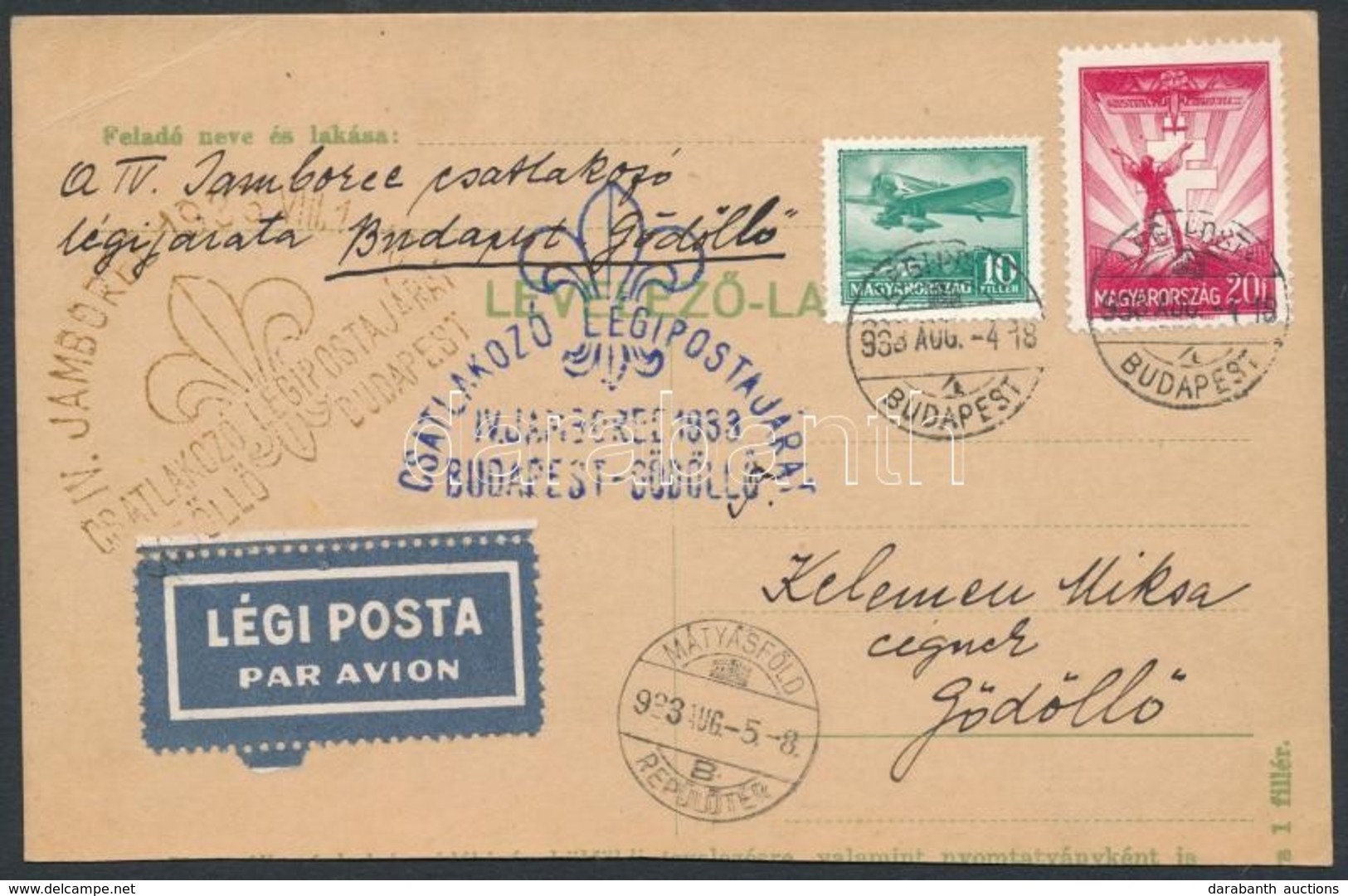 1933 Jamboree Légi Levelezőlap Budapestre / Jamboree Airmail Postcard - Autres & Non Classés