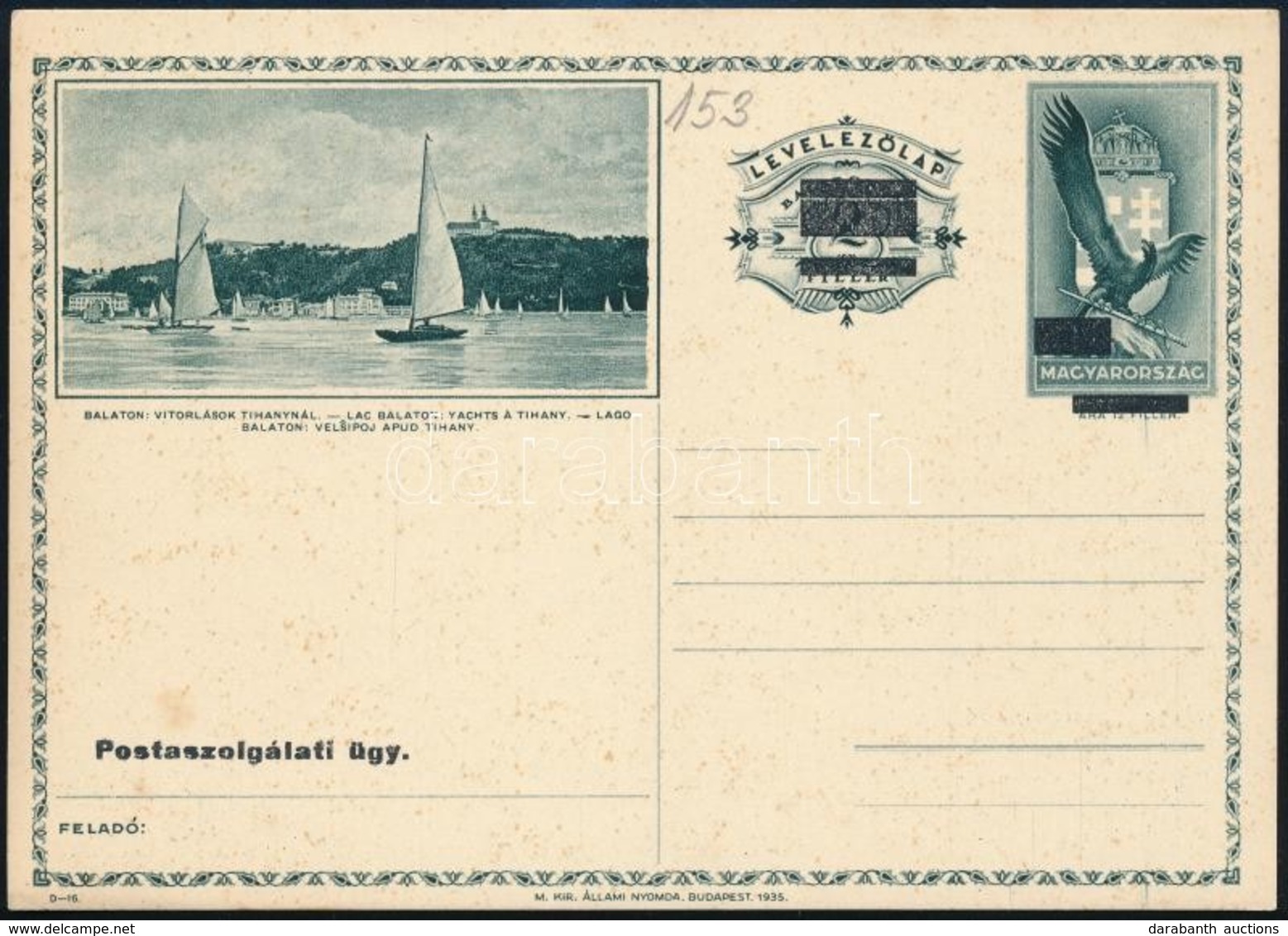 1935 Díjjegyes Képes Levelezőlap 'Postaszolgálati ügy' Felülnyomással, Használatlan / PS-card With Overprint, Unused - Sonstige & Ohne Zuordnung