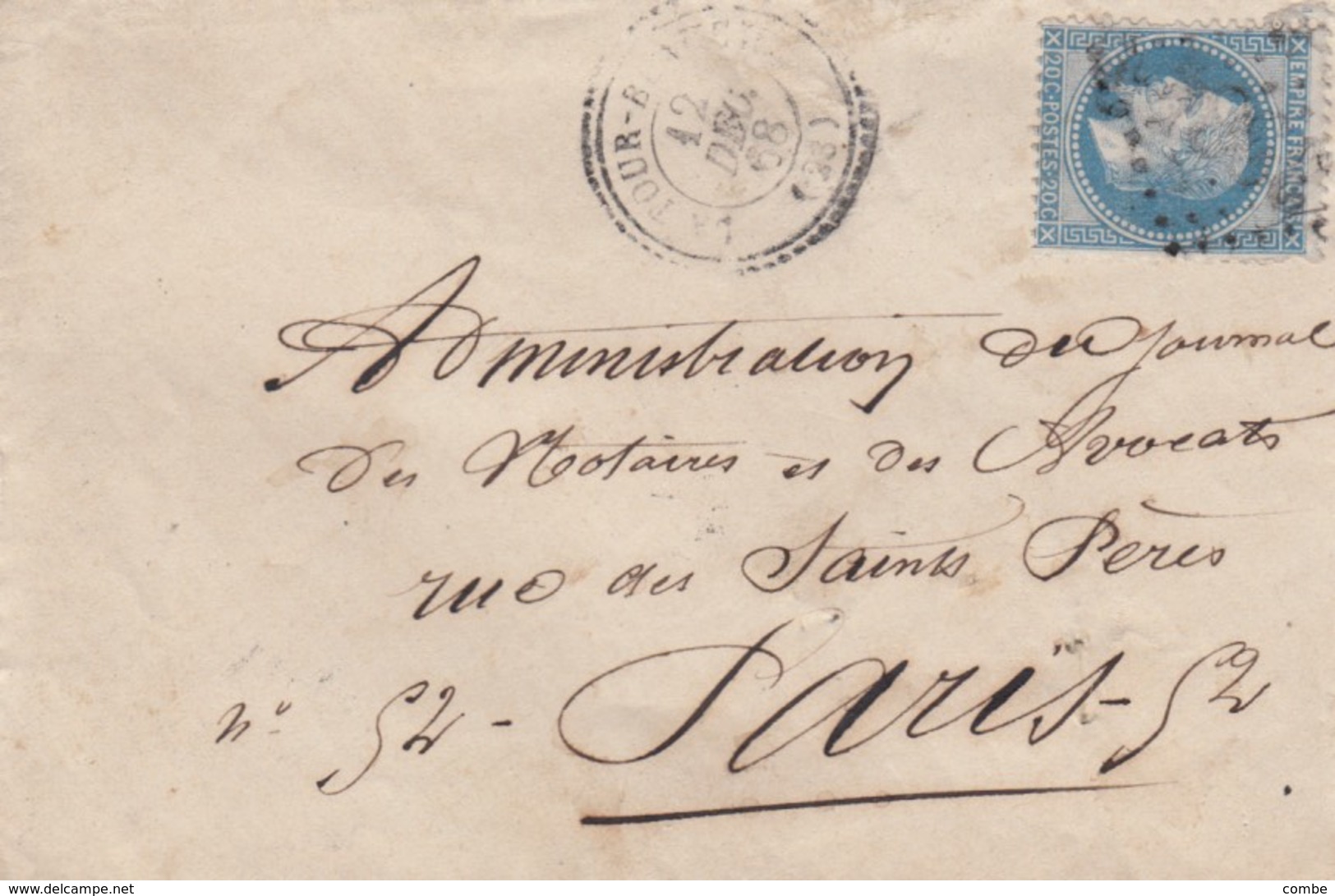 LETTRE. 1868. DORDOGNE LA TOUR-BLANCHE. GC 3948. PERLÉ T22 POUR PARIS - 1849-1876: Periodo Classico