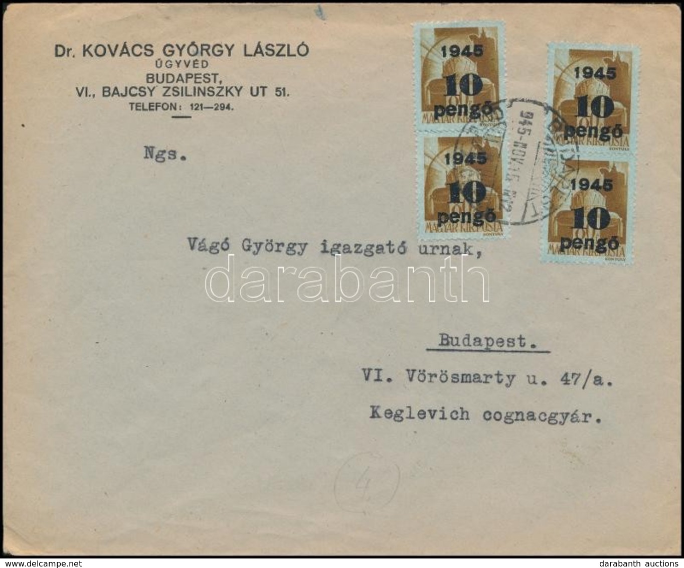 1945 (4. Díjszabás) Helyi Levél Kisegítő 4 X 10P/80f Bérmentesítéssel - Otros & Sin Clasificación