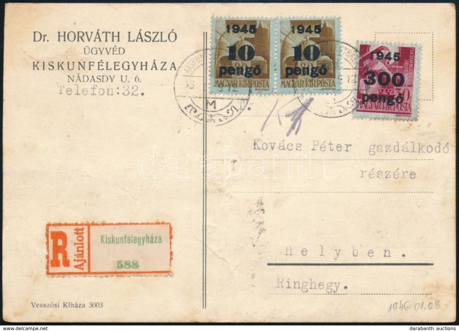 1945 (5. Díjszabás) Ajánlott Helyi Levelezőlap Kisegítő 2 X 10P/80f + 300P/30f Bérmentesítéssel - Otros & Sin Clasificación