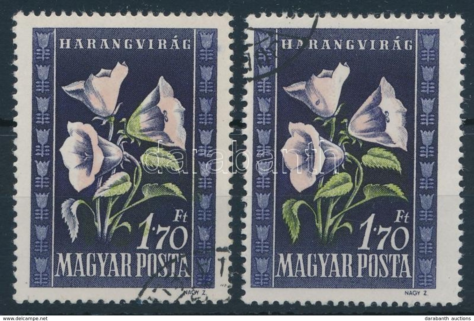 O 1950 Virág 1,70 Ft Jobbra Tolódott Zöld Színnyomat + Támpéldány, A Felső Virágon Kék Festékfolt - Sonstige & Ohne Zuordnung