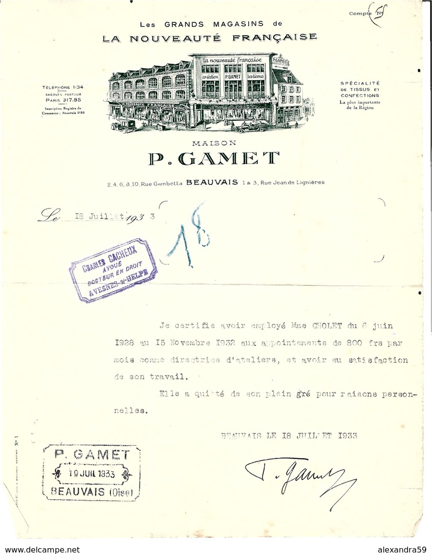 Facture Les Grands Magasins De La Nouveauté Maison P.Gamet à Beauvais En 1933 - 1900 – 1949