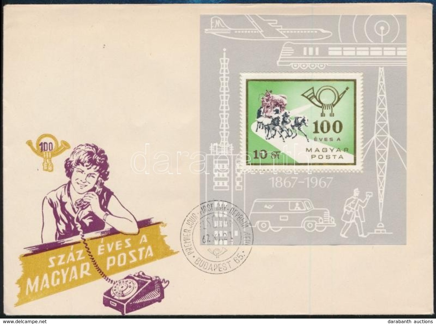 1967 100 éves A Magyar Posta 'talpas' Blokk FDC-n - Otros & Sin Clasificación