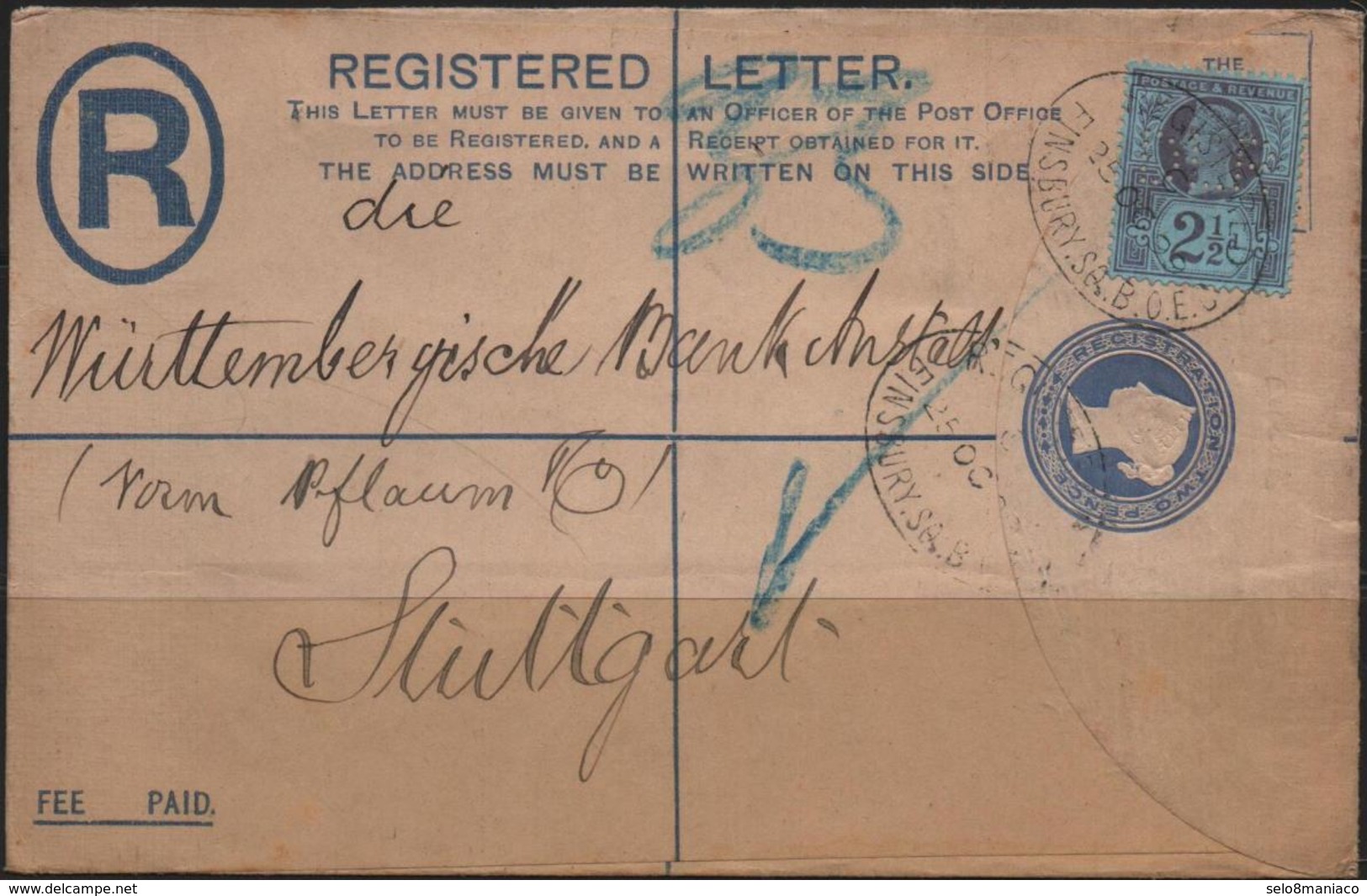 C3385-UK-Victoria-PERFIN Registered PS Cover From Finsbury To Stuttgart, Germany -1899 - Perfins