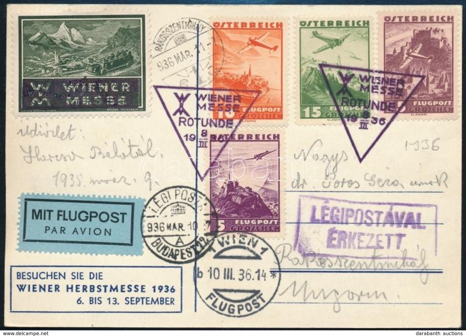 1936 Légi Képeslap Sok Bélyeges Bérmentesítéssel és Levélzáróval Magyarországra / Airmail Cover With 4 Stamps Franking A - Autres & Non Classés