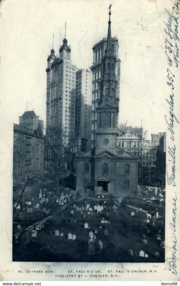 Amérique Du Nord Etats Unis NY NEW YORK St Paul Building And Church Et Cimetière Carte Photo 1902 Verso Timbre Arraché - Altri Monumenti, Edifici