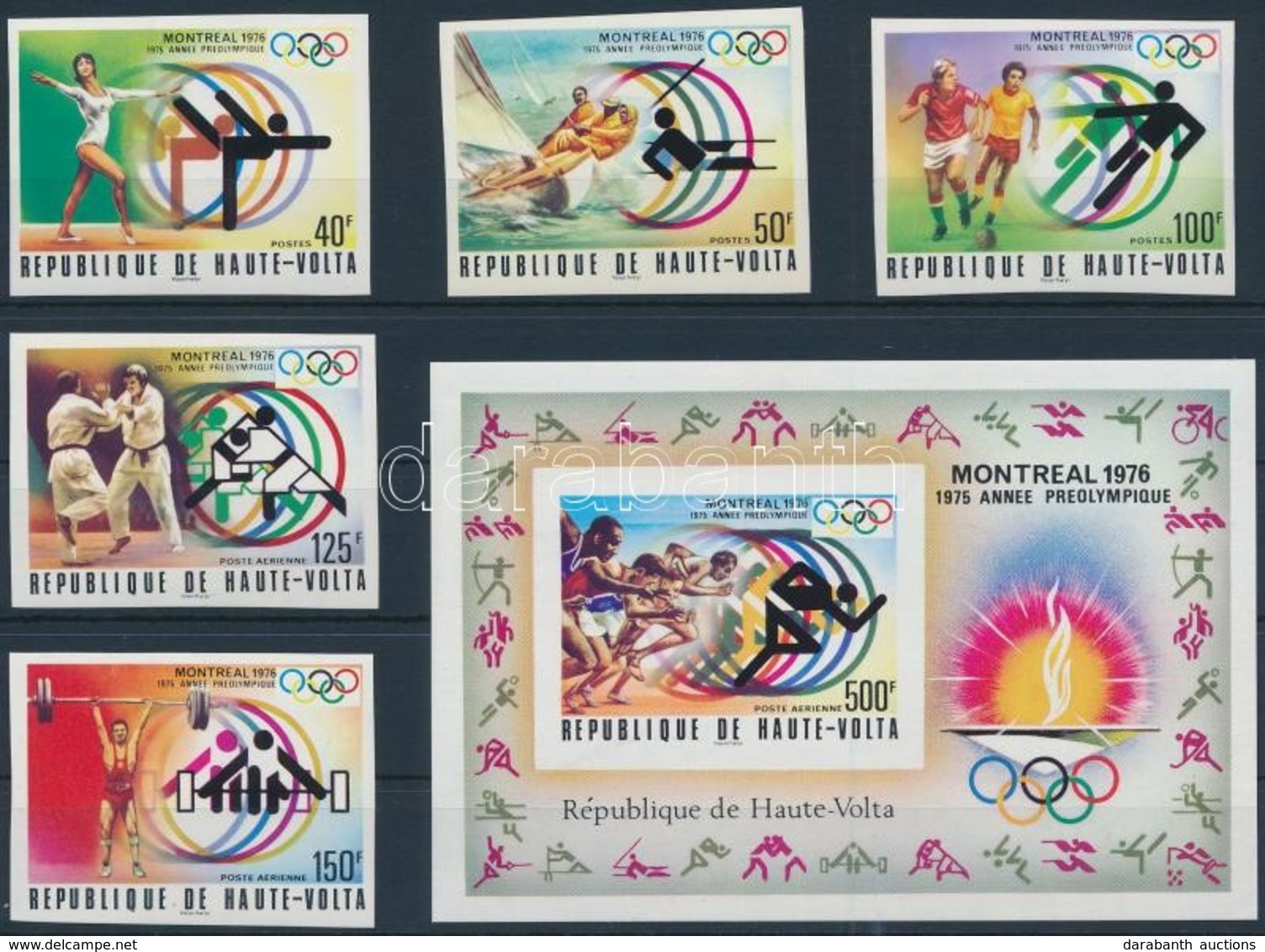 ** 1976 Nyári Olimpia, Montreal Vágott Sor + Blokk,
Summer Olympics, Montreal Imperforated Set + Block
Mi 611-615 + 40 - Altri & Non Classificati