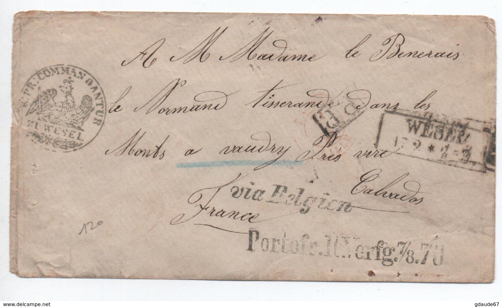 02/1871 - RARE LETTRE De PRISONNIER DE GUERRE à WESEL (ALLEMAGNE) Pour VAUDRY (CALVADOS) Via BELGIUM / BELGIQUE - Guerre De 1870