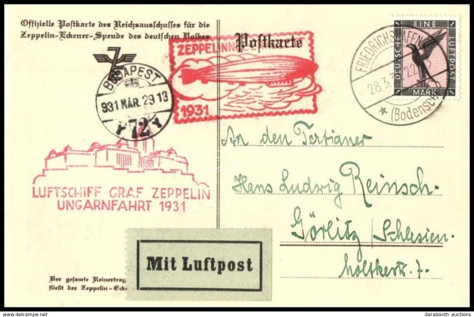 1931 Zeppelin Magyarországi útja, Gróf Zeppelint ábrázoló Képeslap Görlitzbe / Zeppelin Flight To Hungary, Graf Zeppelin - Otros & Sin Clasificación