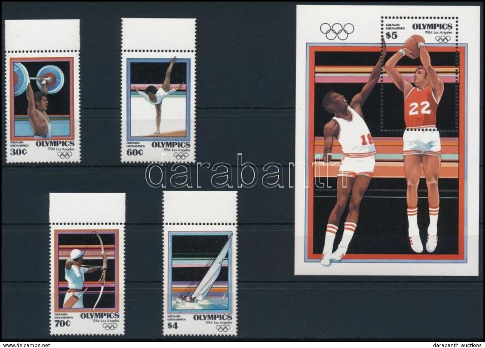 ** 1984 Nyári Olimpia, Los Angeles ívszéli Sor + Blokk,
Summer Olympic, Los Angeles Margin Set + Block
Mi 580-583 + 77 - Otros & Sin Clasificación