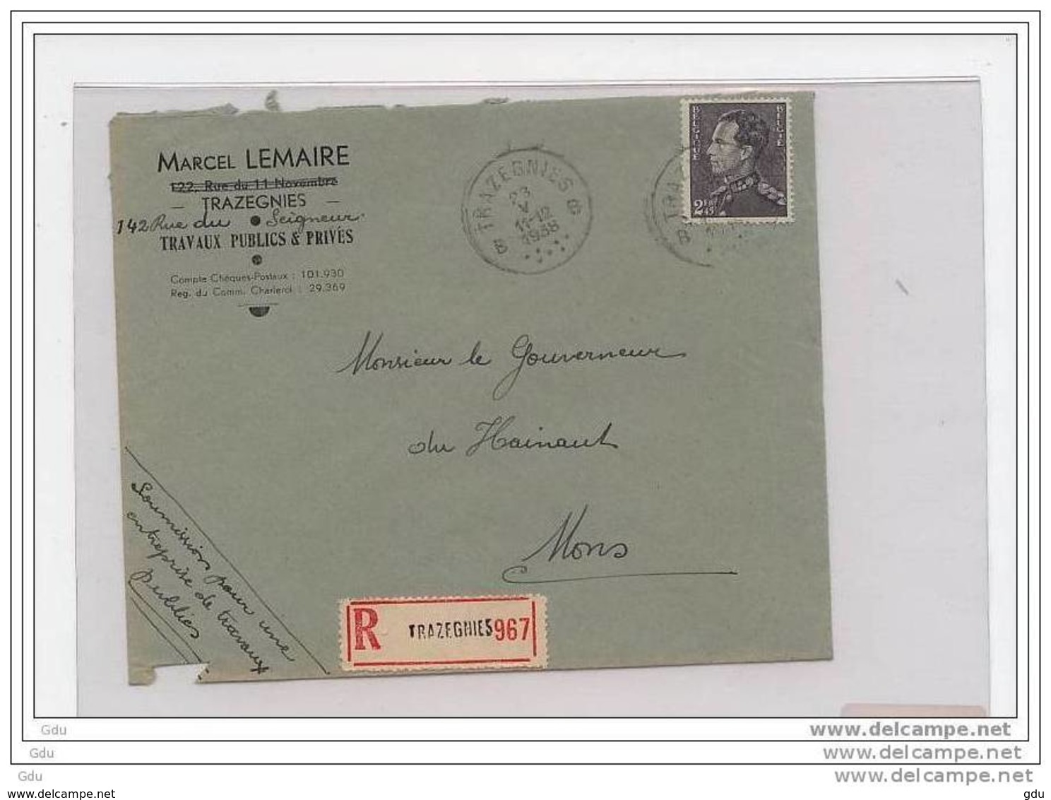 Pli Recommandé De Soumission (Entr. M.Lemaire De Trazegnies) - Obl.Trazegnies 1938 - Briefe U. Dokumente