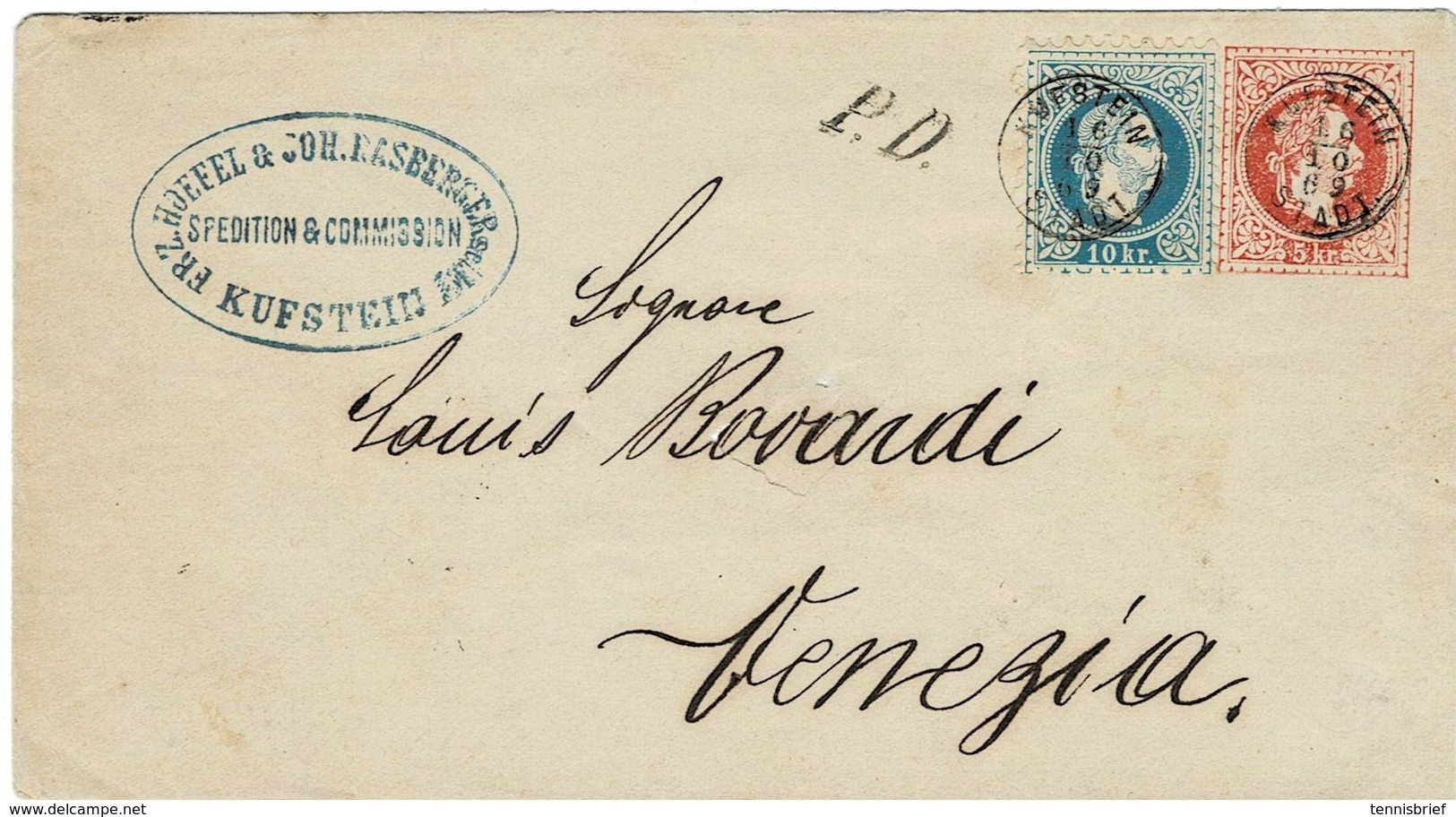 1869,10 Kr. Auf GSU 5 Kr. ,selt .Frankatur  Klar  " KUFSTEIN " Nach Italien , #9225 - Lettres & Documents