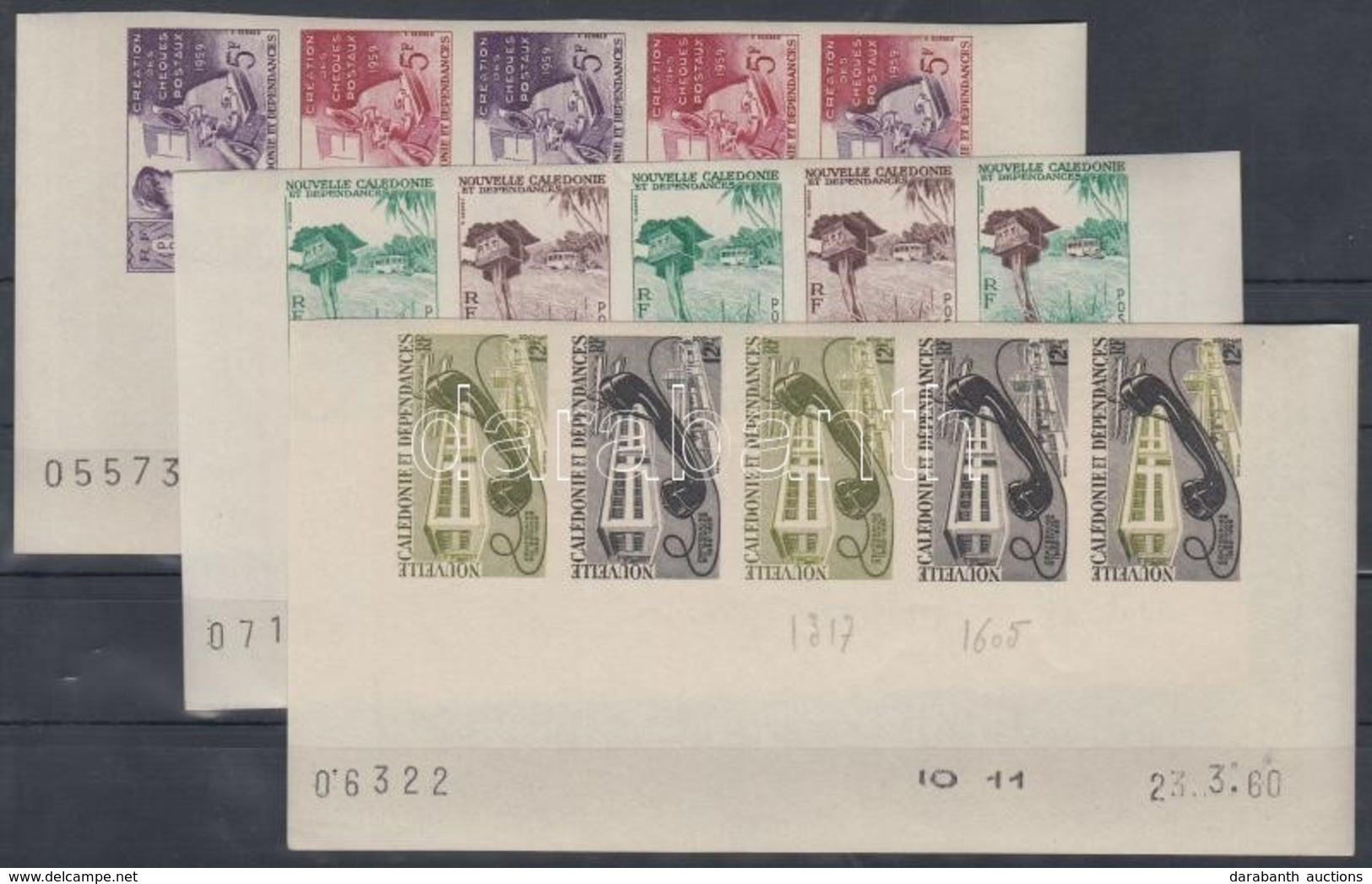 ** Új-Kaledónia 1960 100 éves Az új Kaledóniai Bélyeg Mi 371-373 15 Klf Fogazatlan Színpróba 3 Klf ötöscsíkban / 3 Strip - Otros & Sin Clasificación