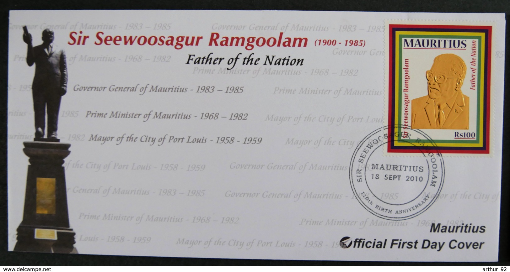 ILE MAURICE - MAURITIUS - 2010 - FDC - SIR SEEWOOSAGUR RAMGOOLAM - FATHER OF THE NATION - Mauricio (1968-...)