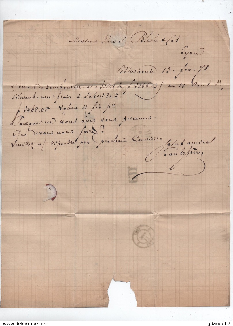 FEVRIER 1871 - LETTRE De MULHOUSE (HAUT RHIN / ALSACE OCCUPEE) ACHEMINEE à BALE -> Expédiée De BASEL (SUISSE) Pour LYON - Oorlog 1870