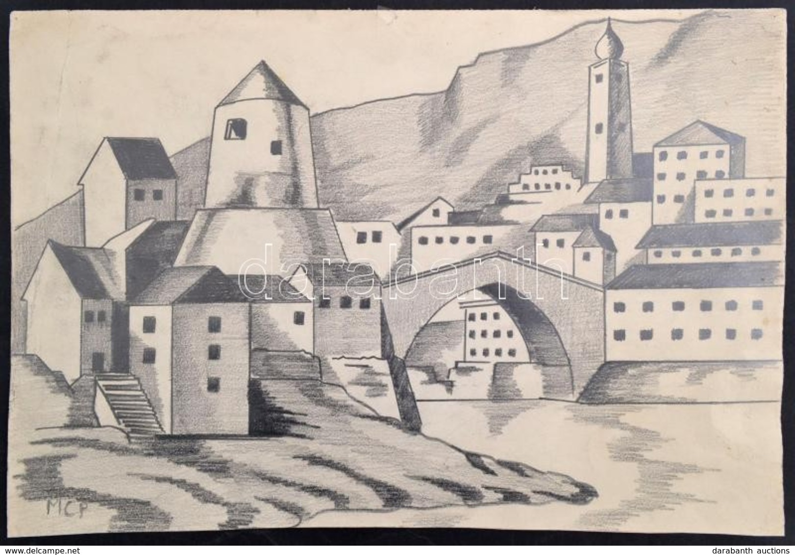 MCP Jelzéssel: Mostar. Szén, Papír, Gyűrődéssel, 28×44 Cm - Otros & Sin Clasificación