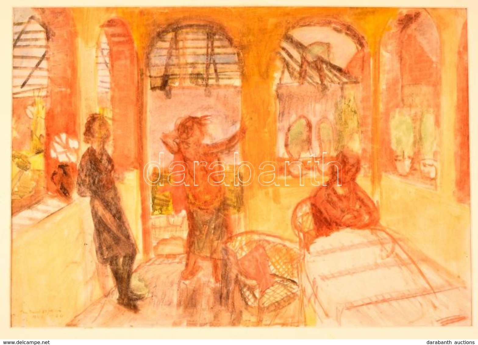 Szabados Jenő (1911-1942): Hárman A Verandán, Akvarellpapír, Jelzett, üvegezett Keretben, 32x46 Cm (üveg Törött) - Otros & Sin Clasificación