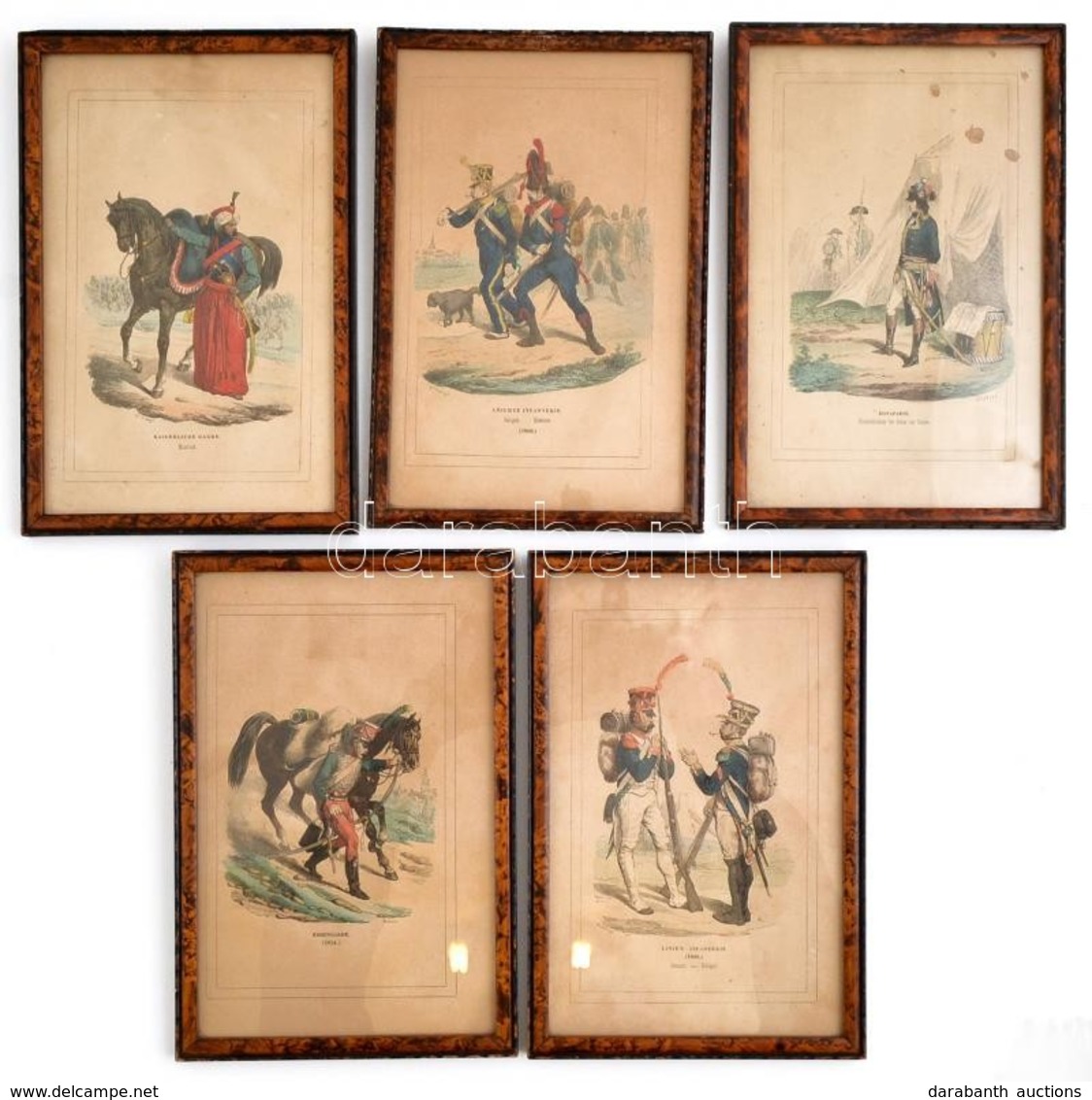 Hippolyte Belandé: Napoleon Kori Uniformisok. 5 Db Színes Rotációs Fametszet üvegezett Keretben .26x17 Cm - Estampes & Gravures